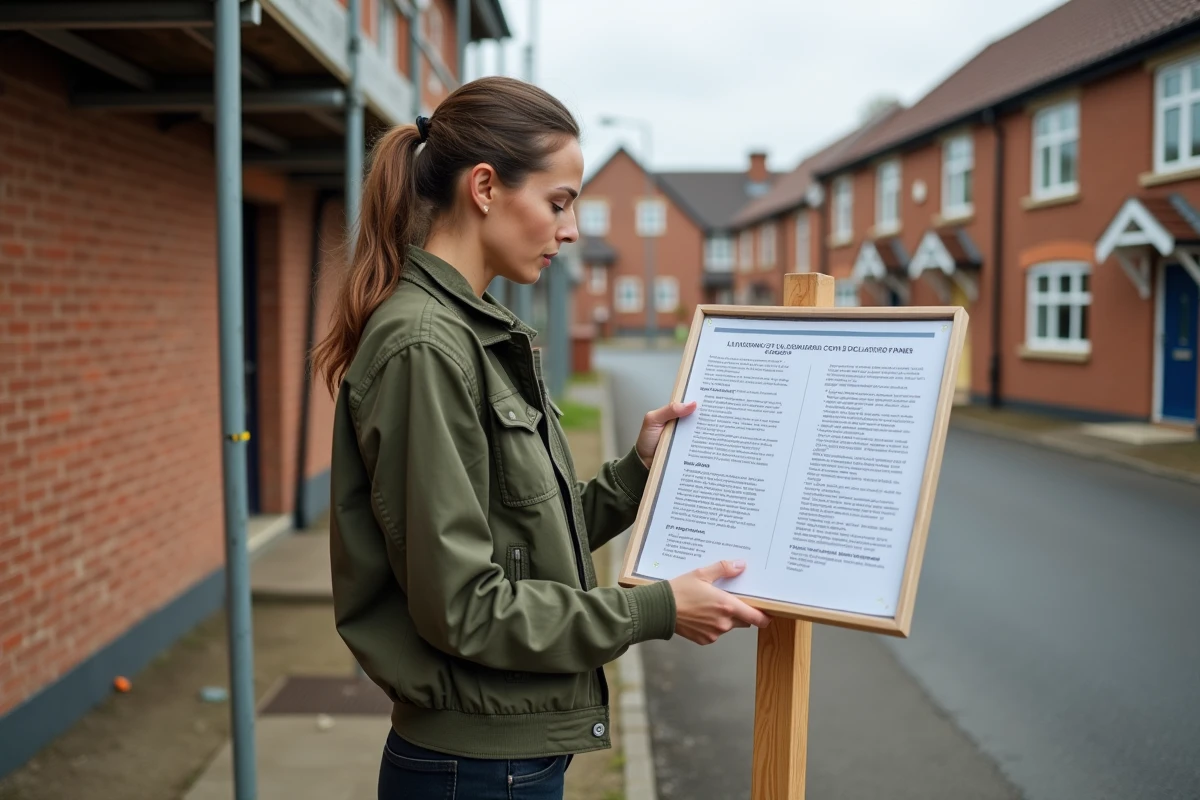 Femme consultant un panneau de déclaration de travaux recto verso devant une maison en construction