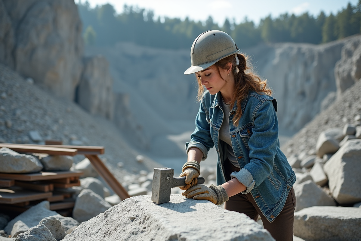 Jeune femme en extérieur cassant une pierre de granit