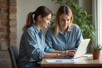 Femme recherchant un bien immobilier sur un ordinateur à Lyon