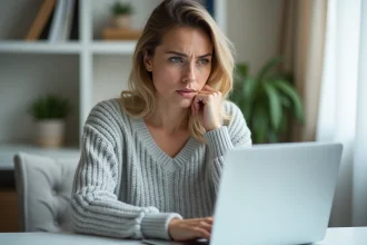 Femme consultant un formulaire de réinitialisation de mot de passe sur son ordinateur portable depuis son bureau à domicile
