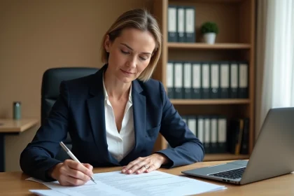 Femme professionnelle révisant un pré-état daté vierge avec des champs à compléter sur un bureau en bois