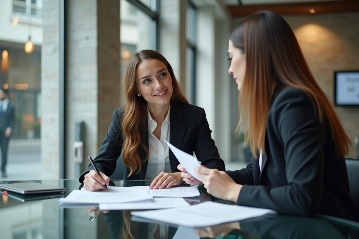 Jeune femme rencontrant un conseiller bancaire dans une agence moderne