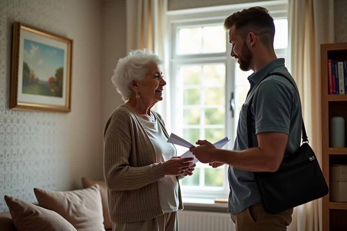 Femme âgée examinant un document de réparation à la maison