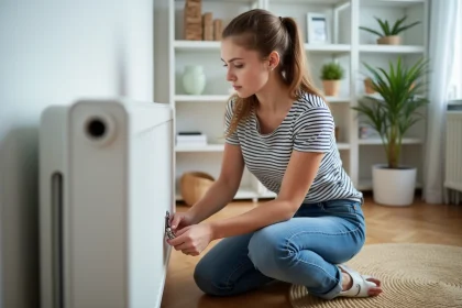 Jeune femme r&eacute;pare un radiateur dans un appartement lumineux