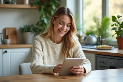 Femme souriante r&eacute;servant une location vacances sur tablette