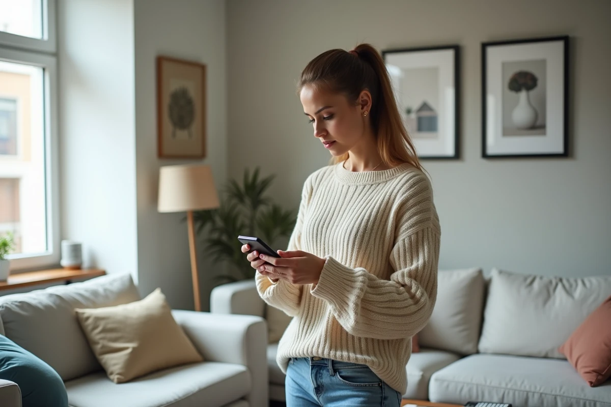 Femme seule consultant une application bancaire pour gérer un crédit immobilier en indivision dans son appartement