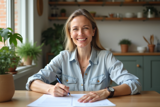 Femme souriante signant un contrat de location dans un appartement lumineux