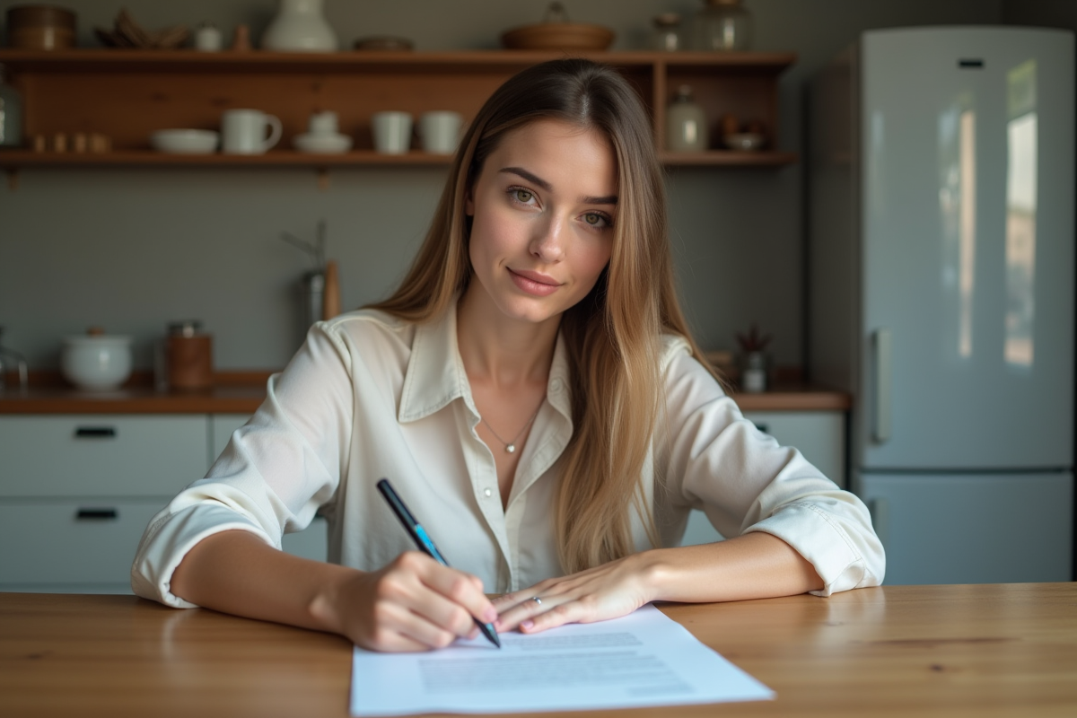 Jeune femme signant un formulaire de garantie locative à la maison