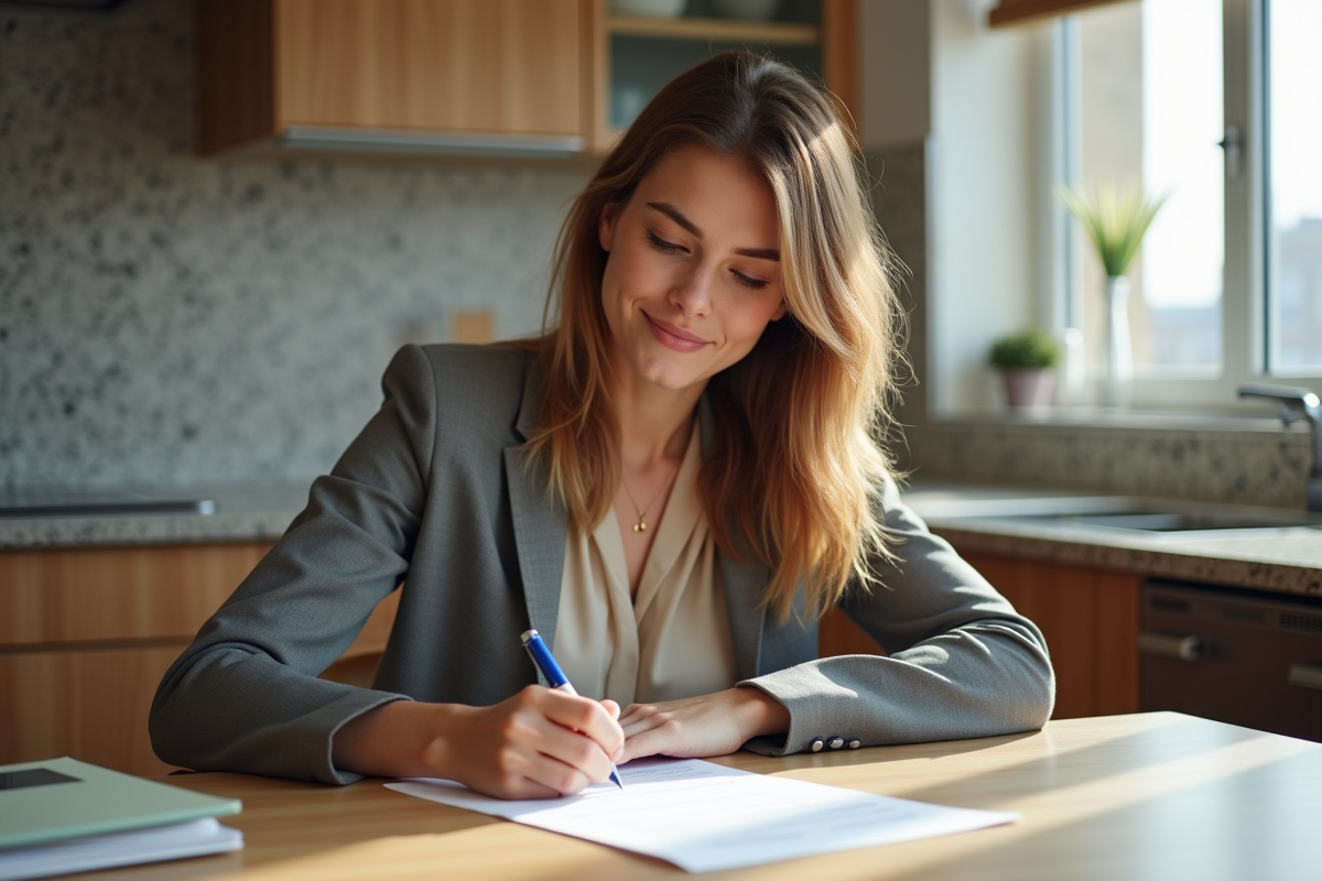 Jeune femme signant un contrat de prêt immobilier dans une cuisine lumineuse