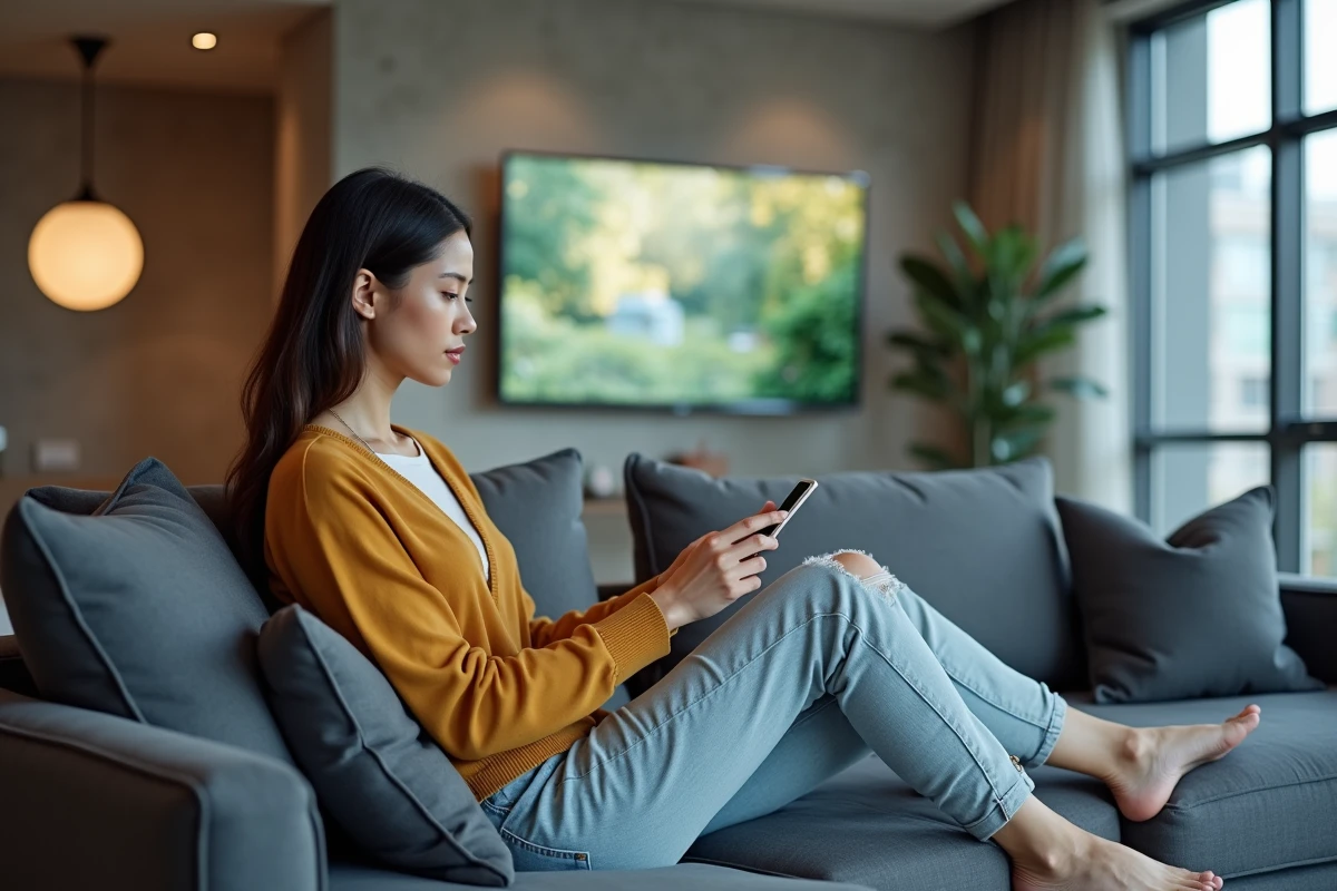 Jeune femme utilisant smartphone dans salon hightech