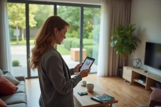 Femme d'âge moyen utilisant une tablette pour estimer une maison
