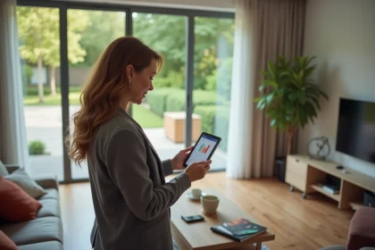 Femme d'&acirc;ge moyen utilisant une tablette pour estimer une maison