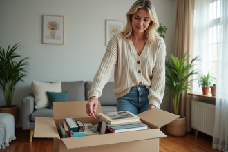 Femme d'âge moyen triant des objets dans un salon lumineux