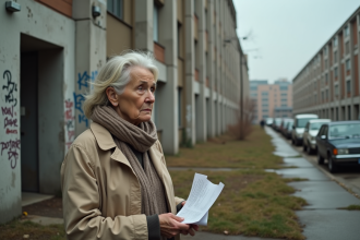 Femme devant un immeuble de logement social en ville