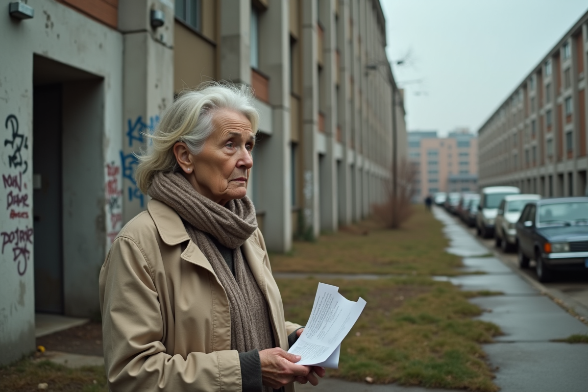 Femme devant un immeuble de logement social en ville