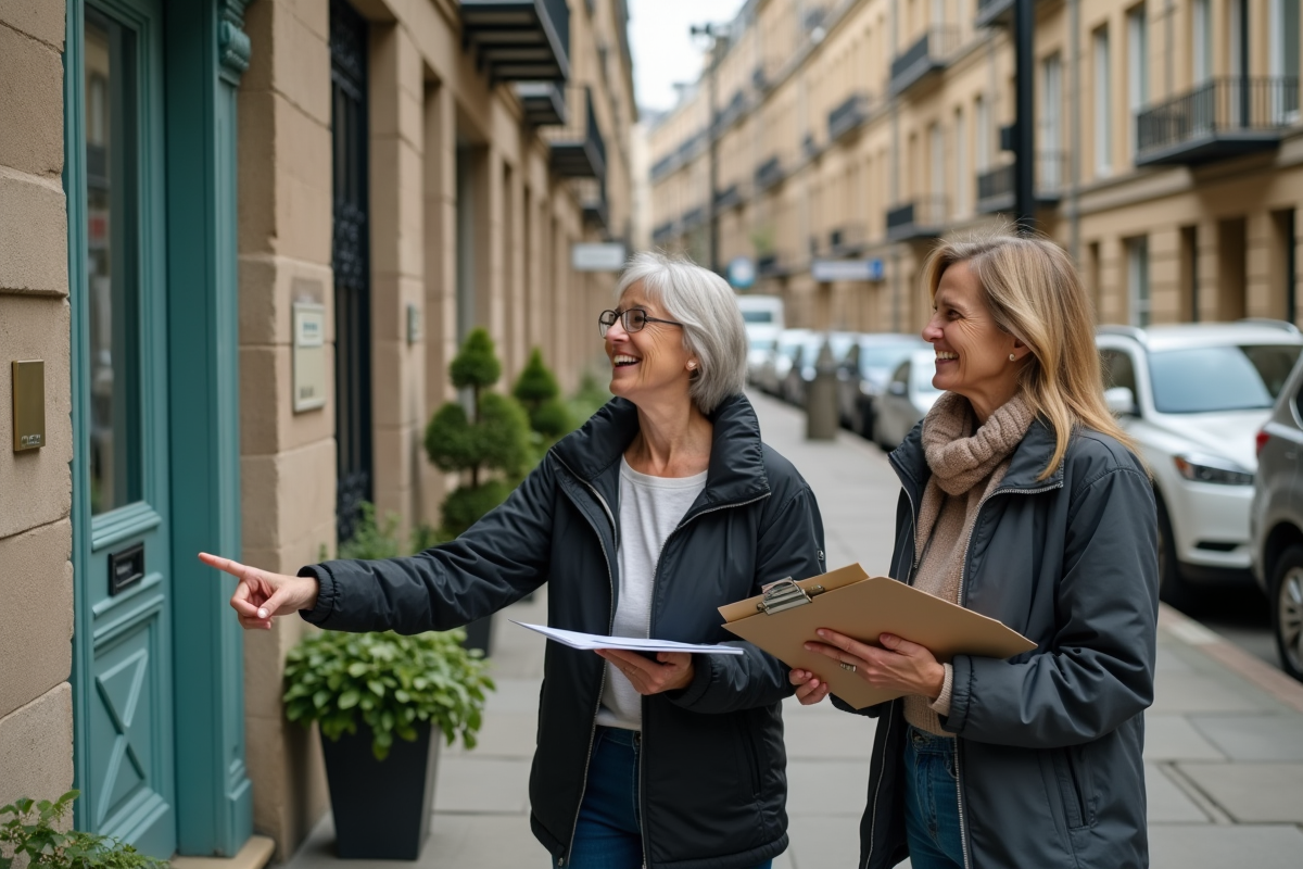 Deux femmes souriantes devant une porte d appartement bien entretenu
