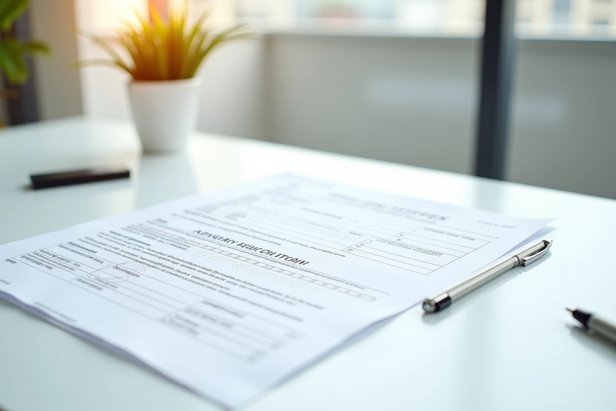 Formulaire de déclaration de travaux imprimé recto verso posé à plat sur un bureau avec stylo et règle