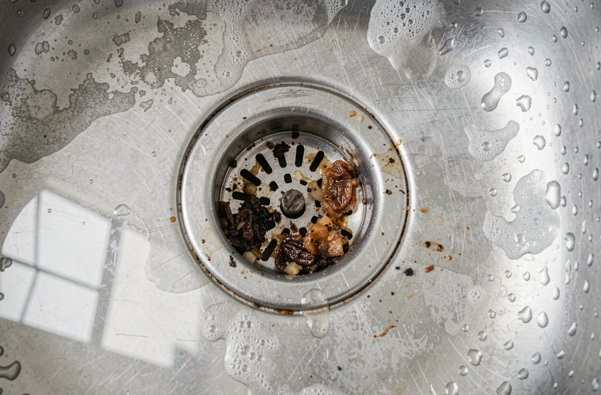 Gros plan sur un siphon d'évier bouché avec dépôts de graisse et résidus alimentaires