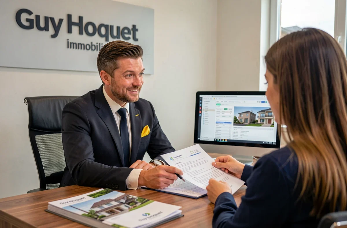 Agent Guy Hoquet Immobilier accompagnant un couple dans la signature d'un contrat immobilier à Metz
