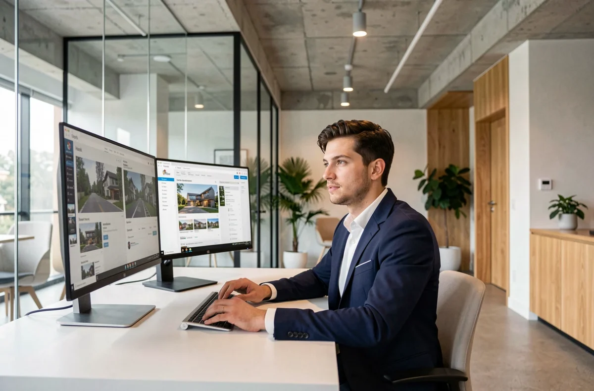 Agent immobilier de l'agence Homki travaillant sur des visites virtuelles dans un bureau moderne au design épuré