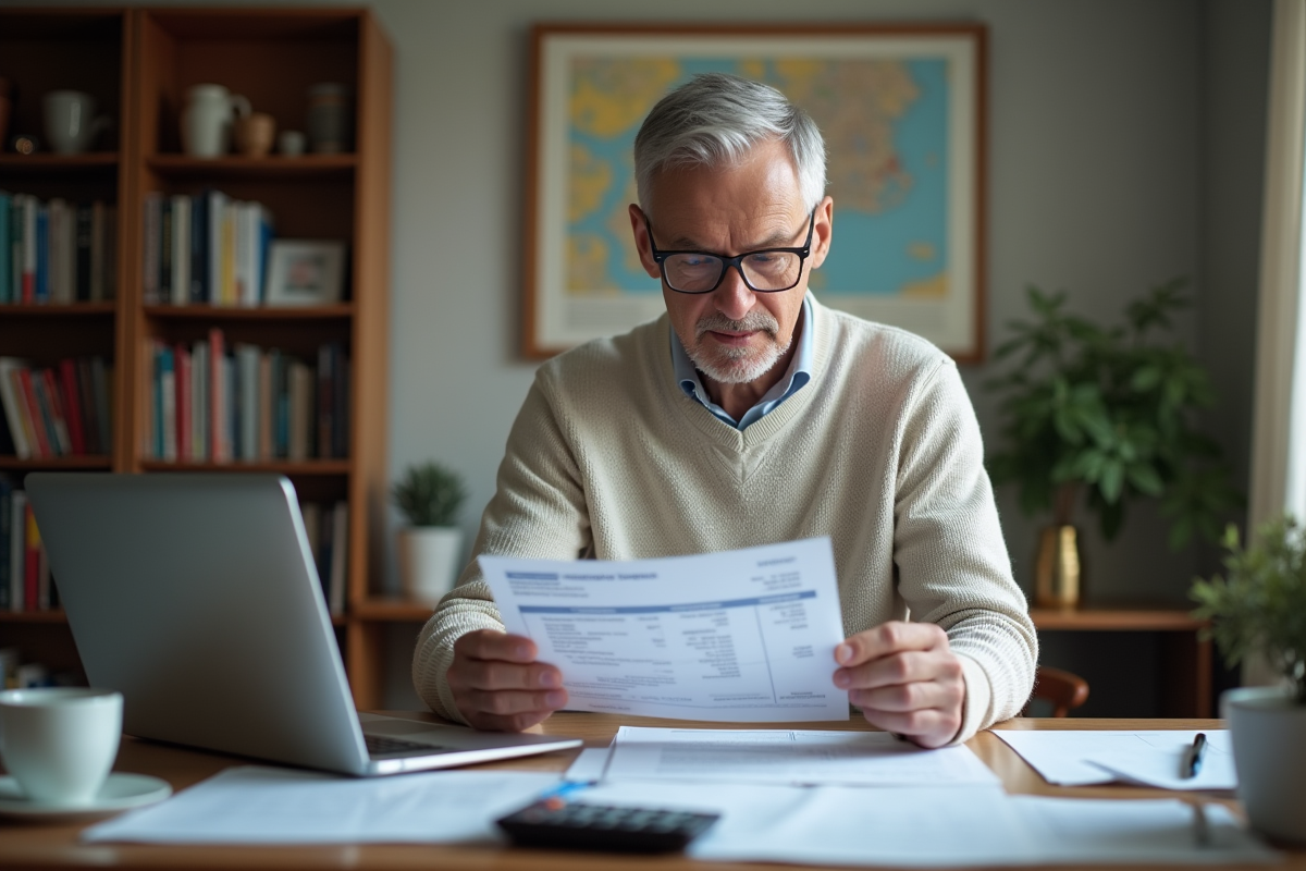 Homme senior vérifiant une facture municipale au bureau