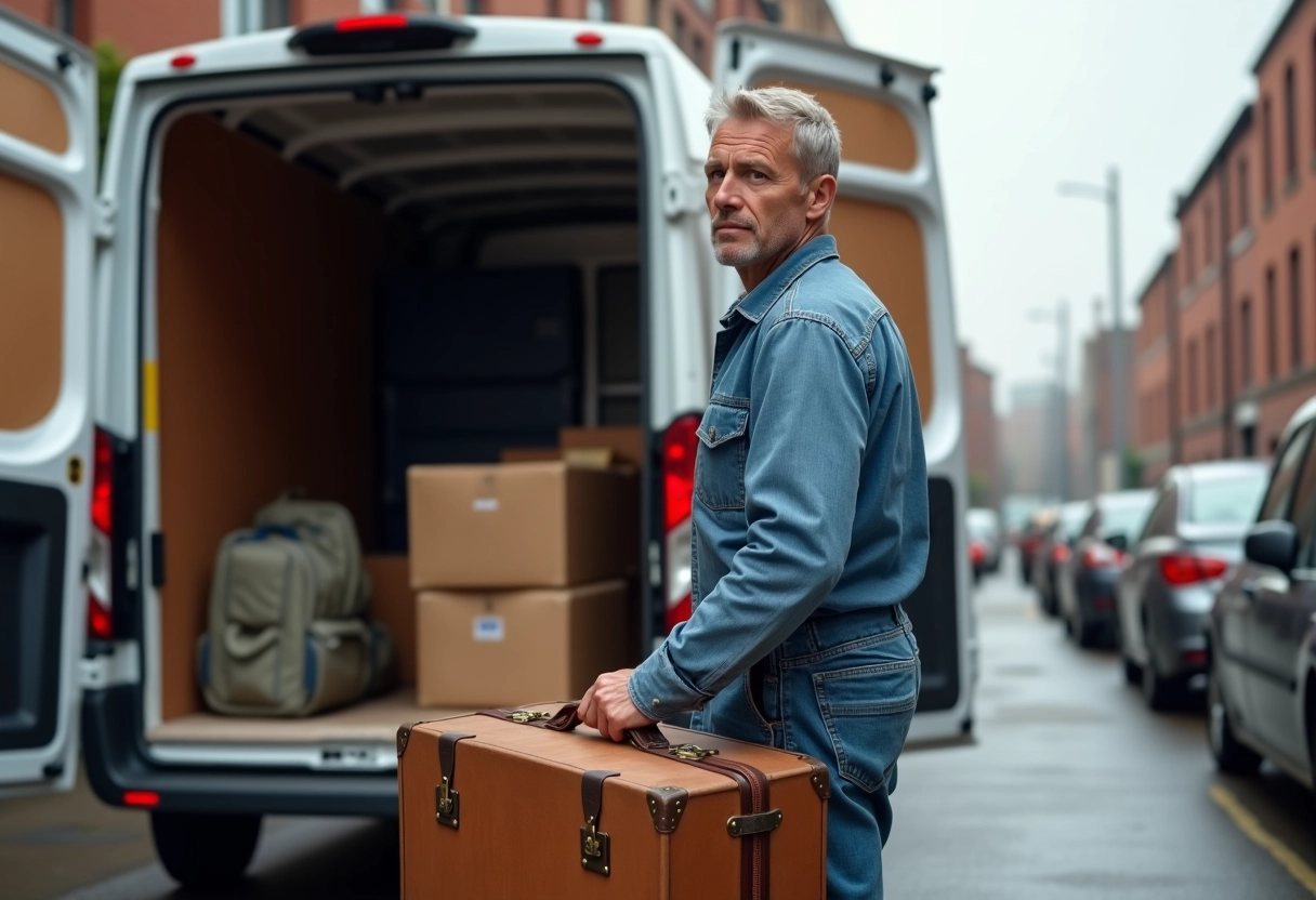 Homme chargeant des valises devant un camion de d&eacute;m&eacute;nagement