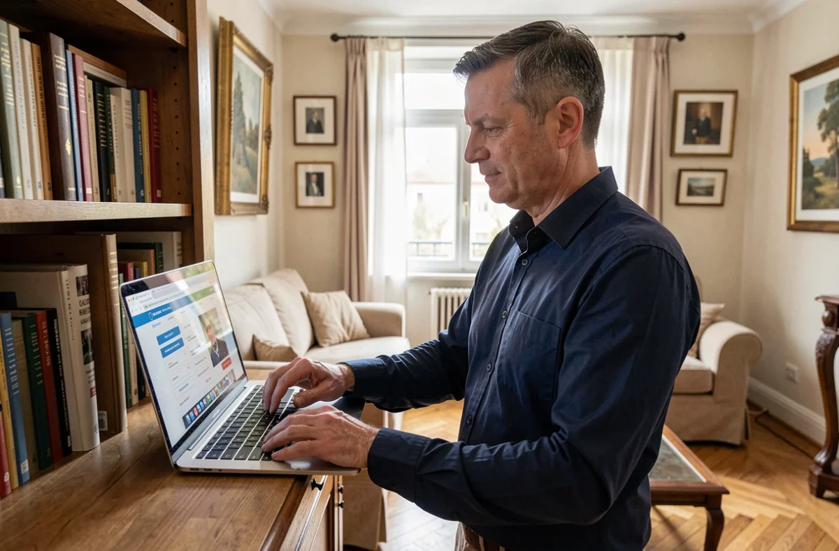 Homme comparant des offres d'assurance habitation sur un ordinateur portable dans son salon