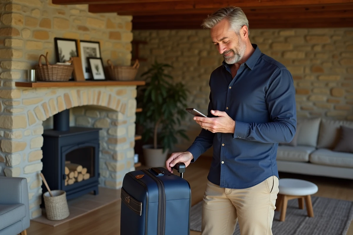 Homme v&eacute;rifiant sa r&eacute;servation dans un g&icirc;te rural