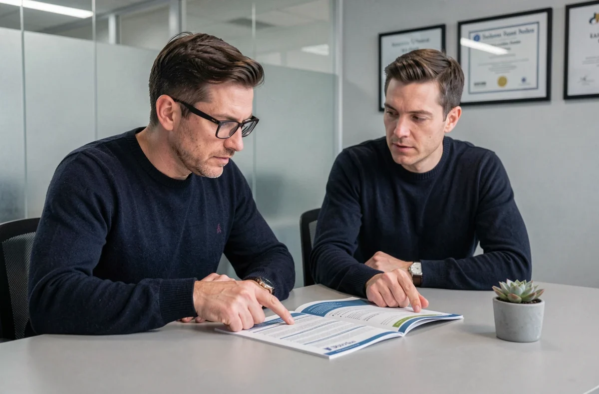 Homme consultant un conseiller en assurance habitation dans une agence moderne