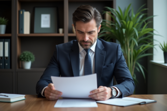 Homme d'âge moyen en costume bleu examinant des documents de prêt immobilier