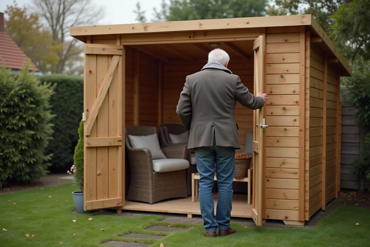 Homme verrouillant un abri de jardin en bois dans le jardin