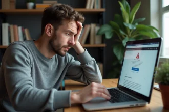 Homme frustré devant un écran d'erreur sur son ordinateur portable dans un bureau à domicile moderne