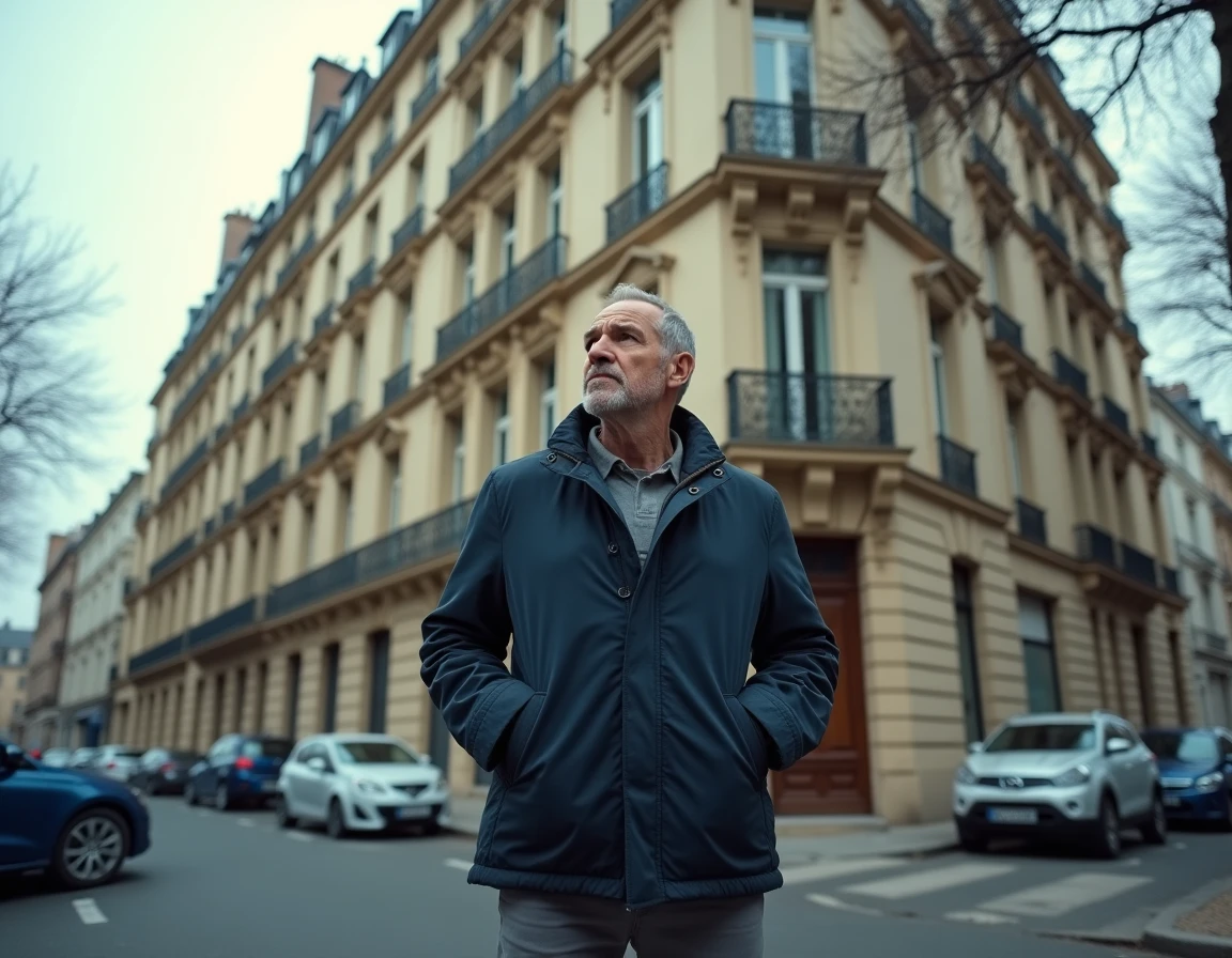Homme devant un immeuble HLM parisien aux façades haussmanniennes dans un quartier résidentiel de Paris