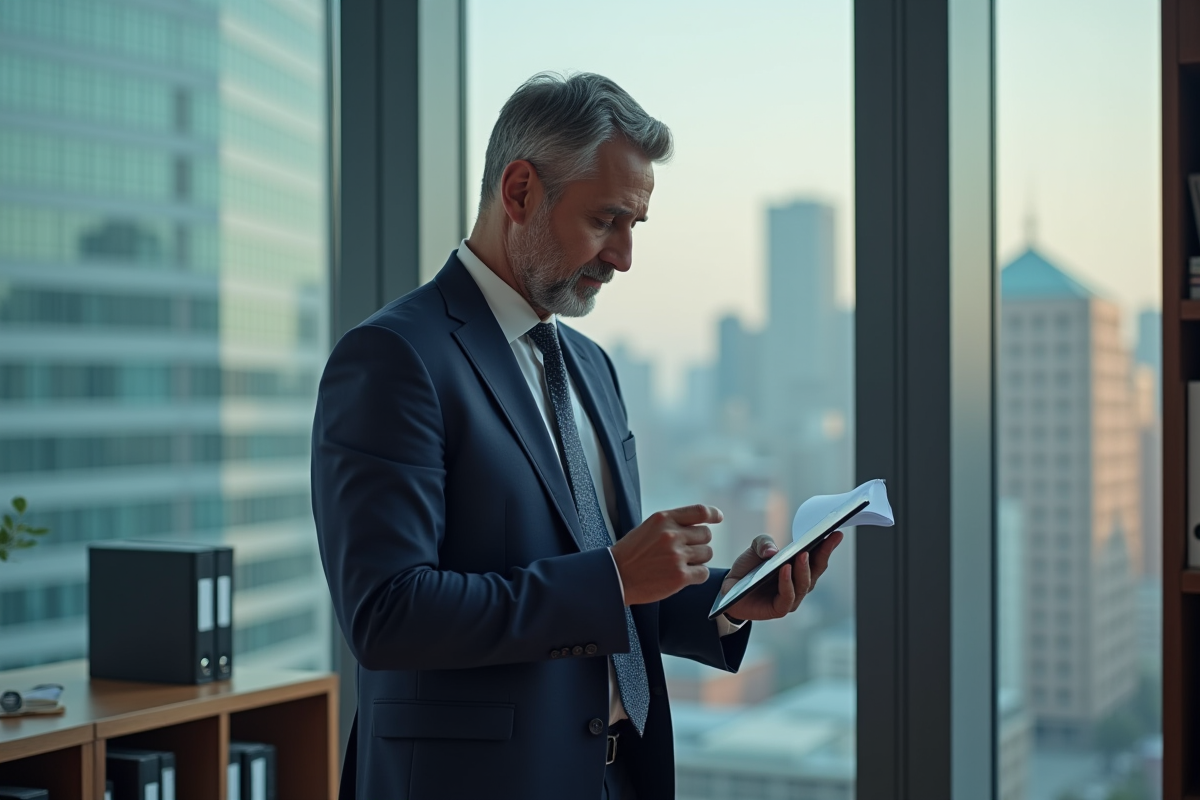 Homme en costume regardant un relevé immobilier