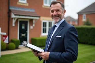 Homme souriant en costume devant maison vendue
