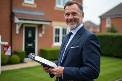 Homme souriant en costume devant maison vendue