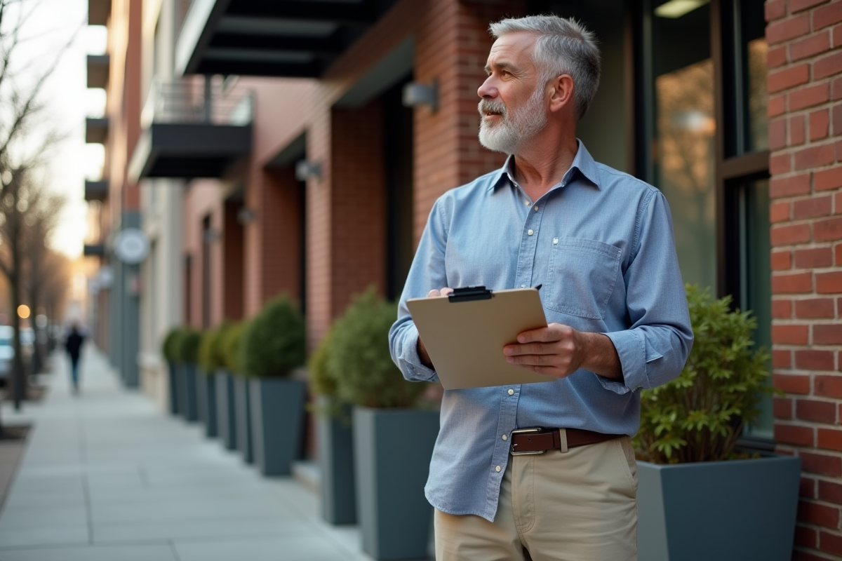Homme relaxe observant un immeuble renové en ville