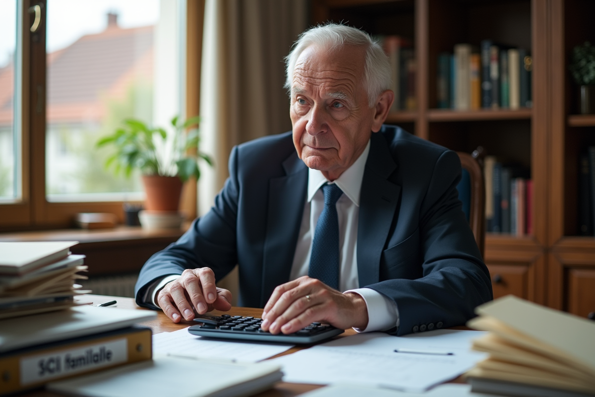 Homme âgé calculant ses impôts dans un bureau organisé