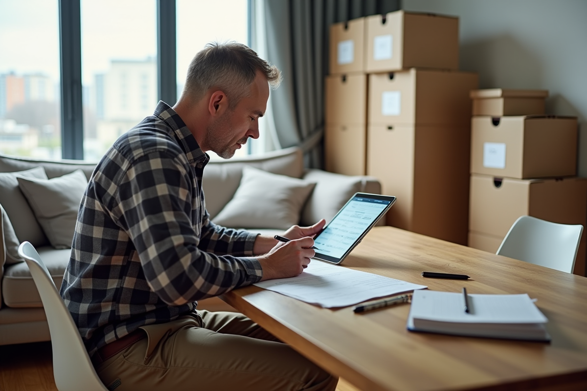 Homme remplissant un inventaire de meubles à la table