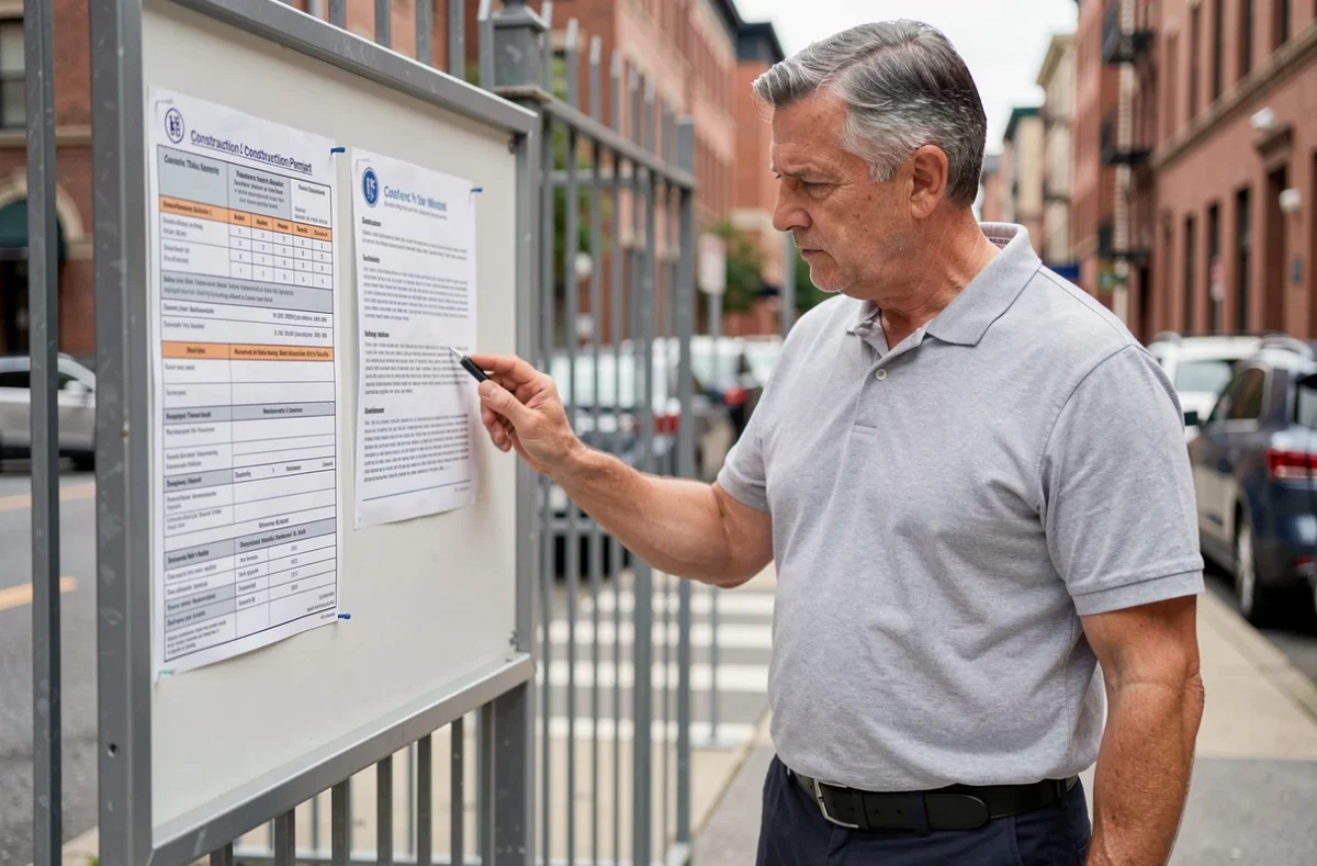 Homme lisant attentivement un panneau de permis de construire fixé à une clôture de chantier urbain