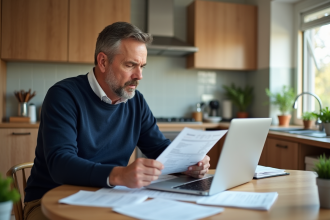 Homme d'âge moyen examine des documents fiscaux dans la cuisine