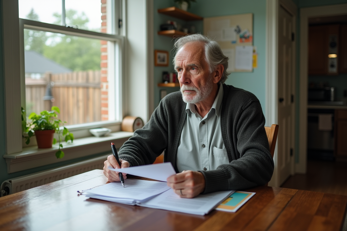 Homme age lisant des papiers dans sa cuisine