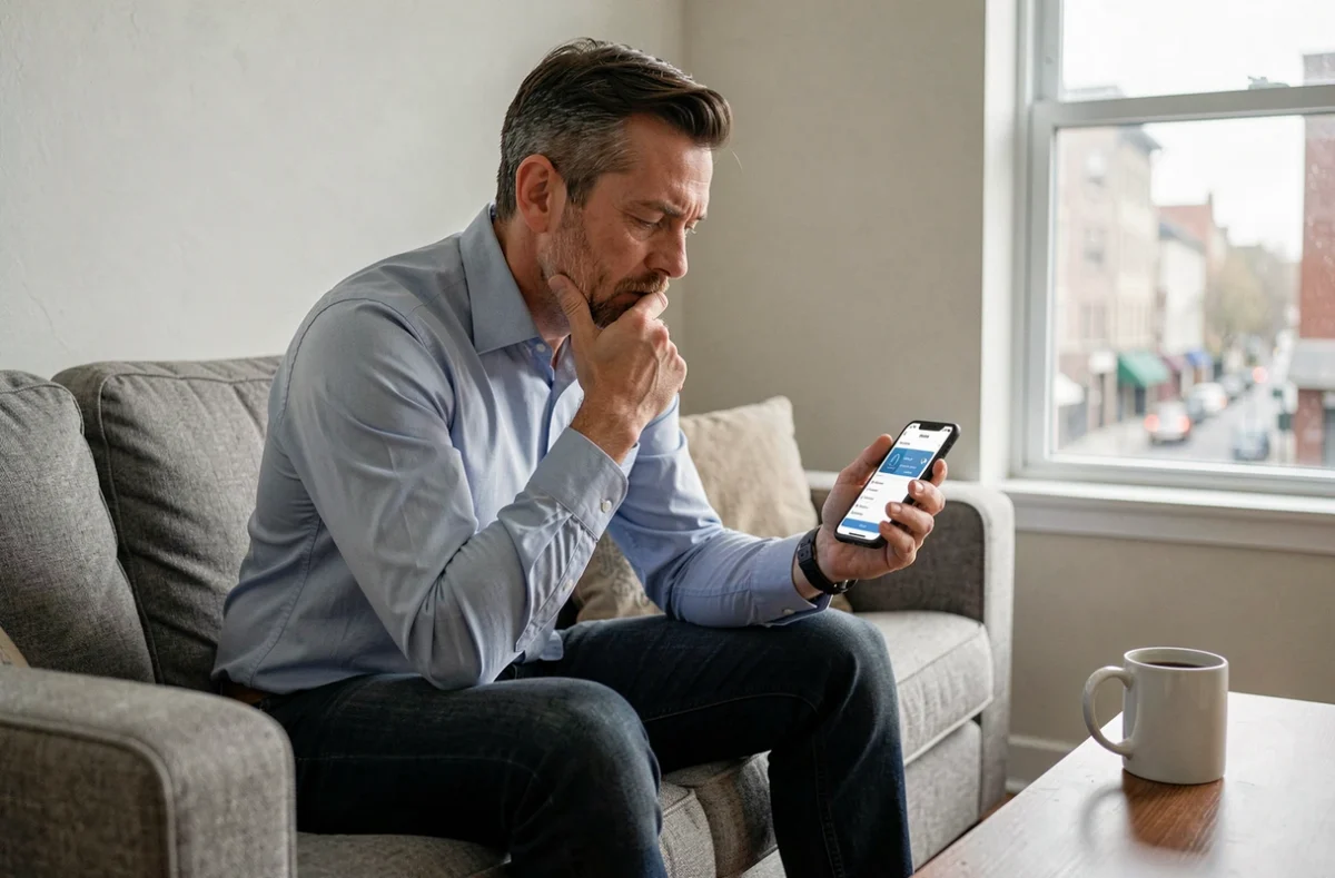 Homme locataire utilisant une application mobile pour comparer des assurances habitation