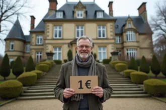 Homme en costume avec panneau 1 euro devant une vieille maison