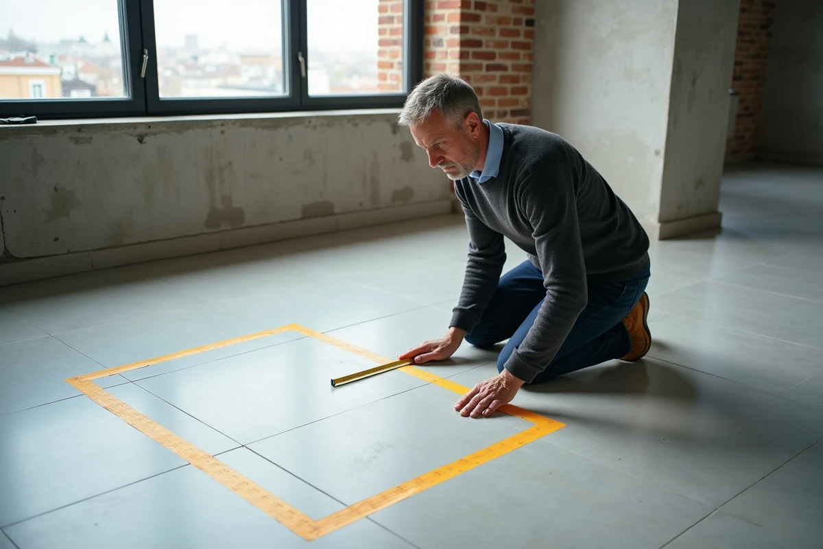 Homme mesurant un espace vide avec du ruban adh&eacute;sif dans un appartement