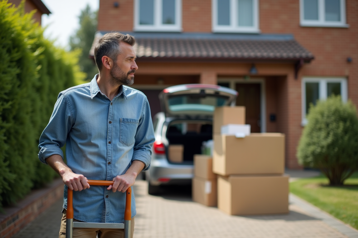 Homme de dos avec chariot de déménagement devant une maison