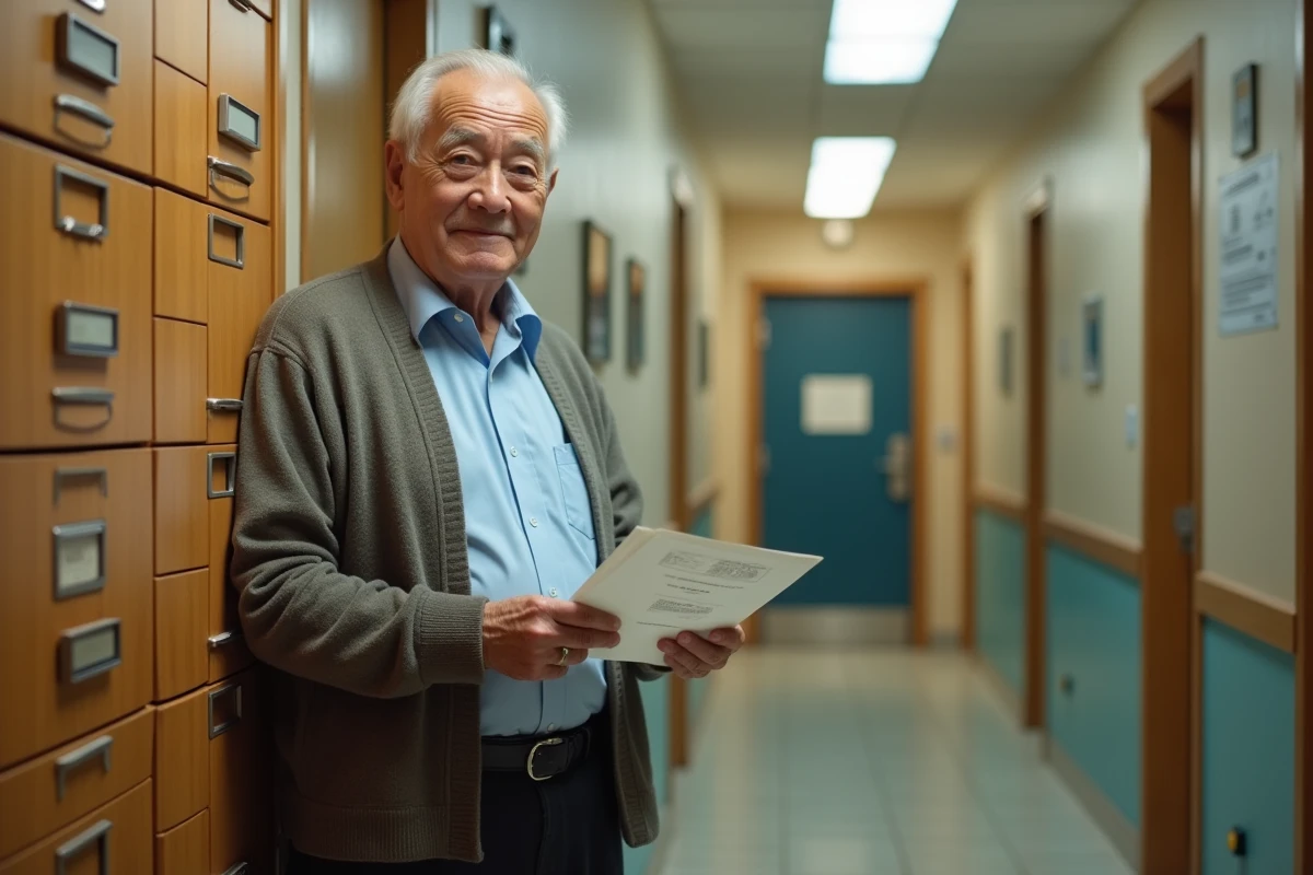 Homme âgé tenant un registre près d