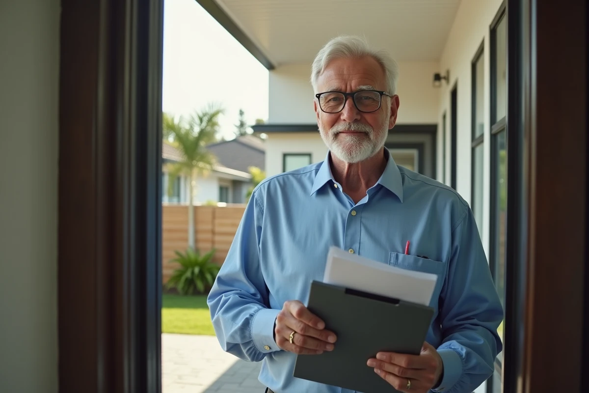 Homme d age avec dossier devant maison moderne
