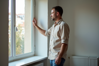 Homme d'âge moyen examine une fenêtre dans un appartement lumineux