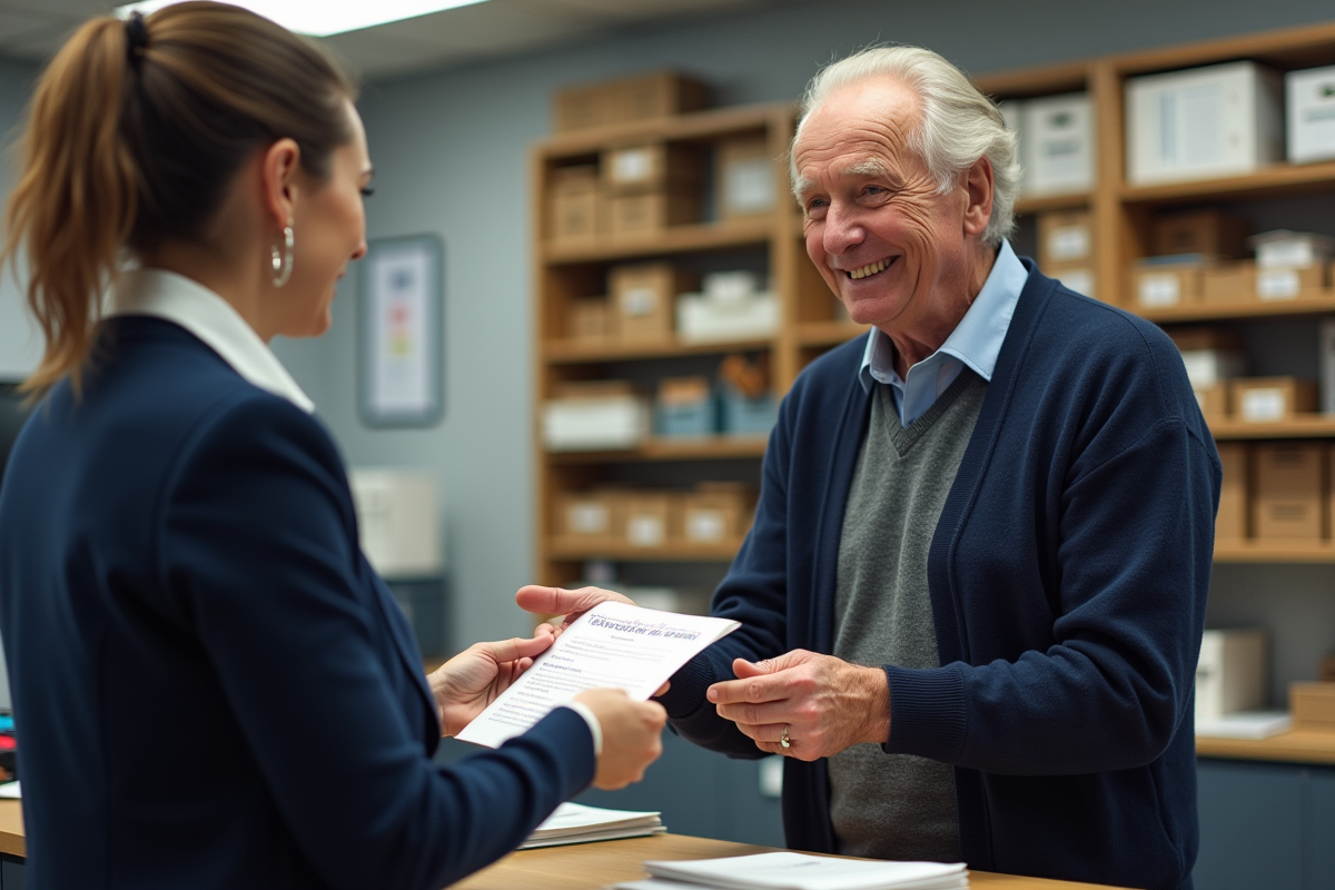 Homme âgé remettant un formulaire à un agent postal dans un bureau de poste